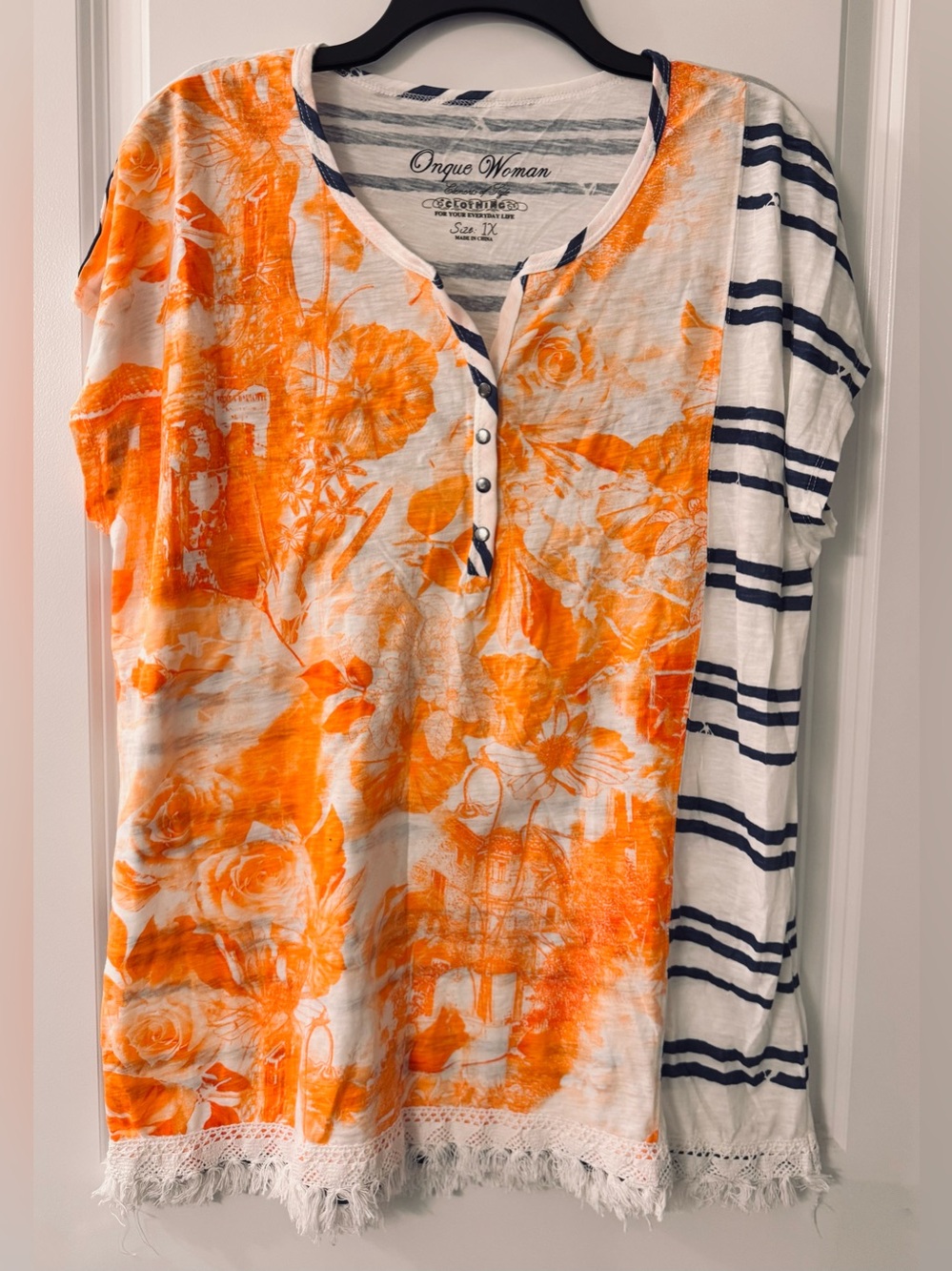 Onque Woman Mixed Print Cap Sleeve Tunic Top w/ Fringe Orange Floral Blue Stripe